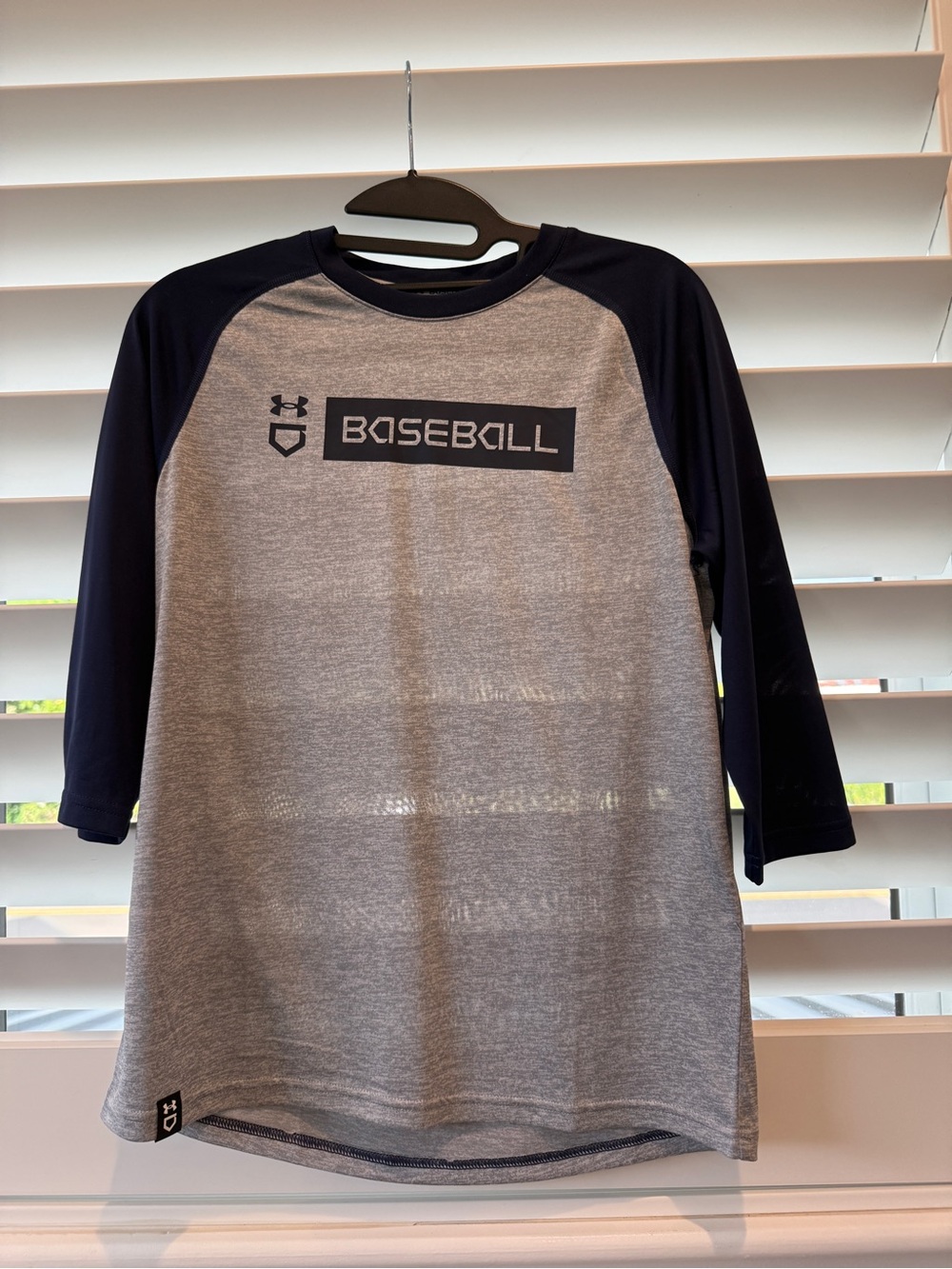Under Armour Gray and Navy Baseball Raglan Tee, youth large